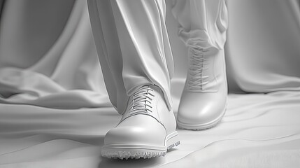3d render Elegant 3D Render: Men's Shoes, Trousers, and Draped Fabric -  Detailed Footwear Model, Clothing Texture,  White Monochromatic Design isolated background