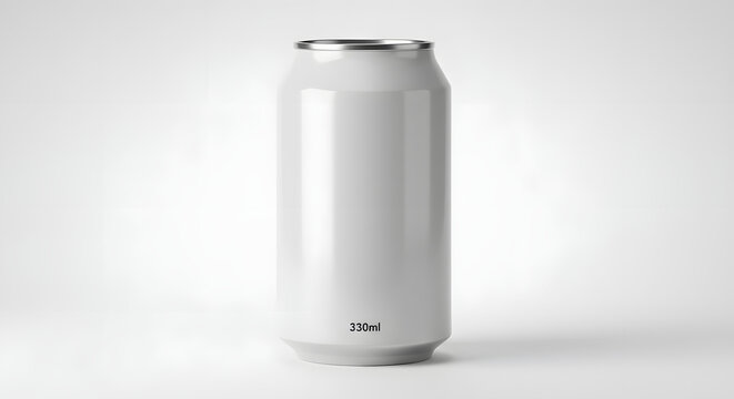 A photorealistic, 330ml metallic soda can mockup with crisp reflections, isolated on a white background for beverage branding.