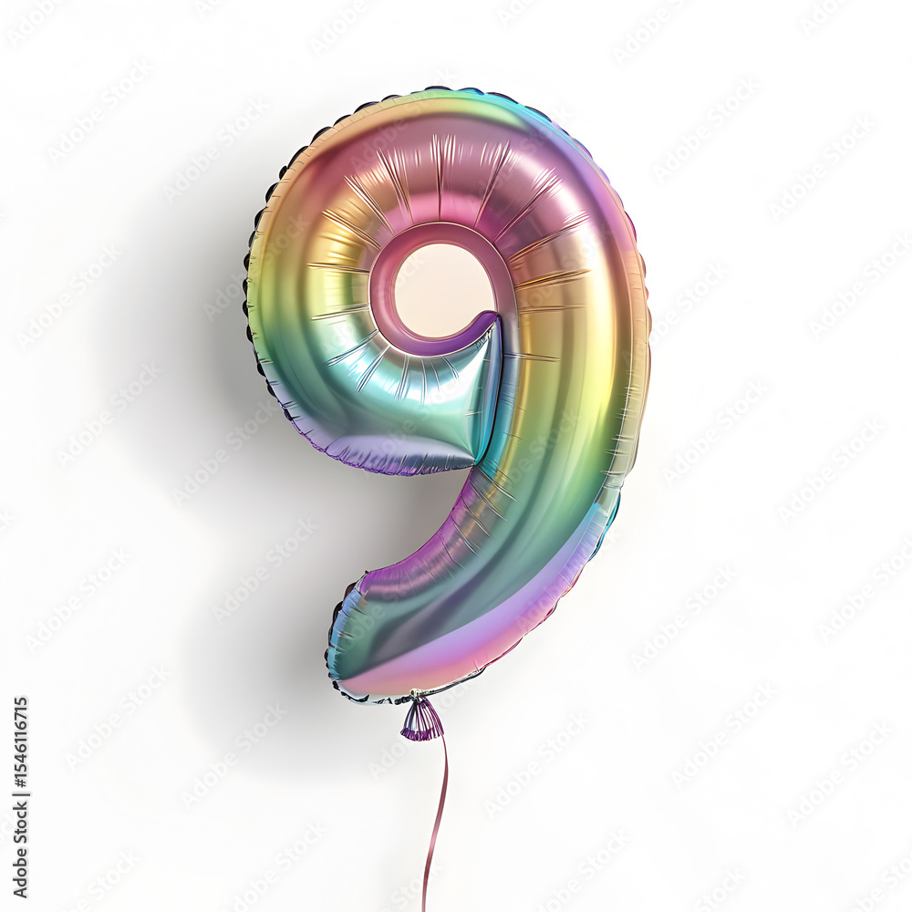 Fototapete a balloon shaped like the number 9,holographic metallic finish with realistic reflections and smooth