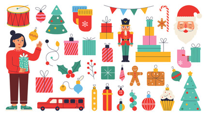 Christmas decorative banner with Santa Claus, nutcracker, locomotive, girls, gingerbread and gift boxes in vintage style