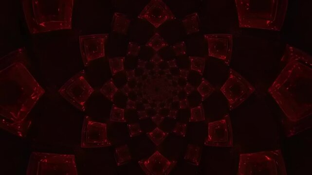 Abstract spiral pattern in deep red hues creating a mesmerizing tunnel effect, evoking mystery