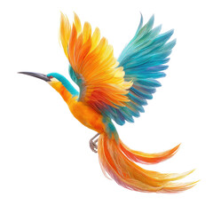 Obraz premium Vibrant Tropical Bird with Colorful Feathers in Mid-Flight Against Clean Background