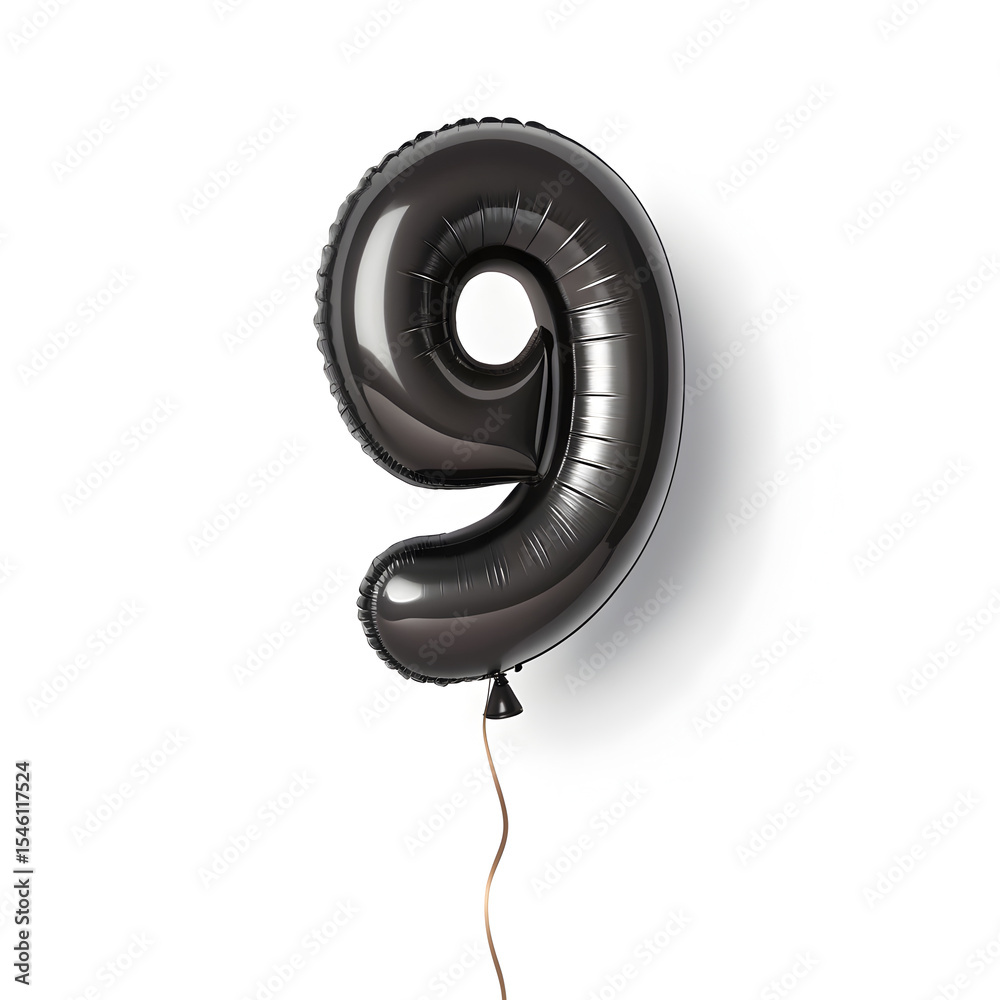 Fototapete a balloon shaped like the number 9,matte black metallic finish with realistic reflections and smooth
