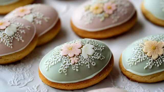 An assortment of adorably decorated round cookies featuring pink and green icing, with intricate flower patterns on top.