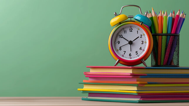 Colorful alarm clock, stack of books, and colored pencils on desk against green background.