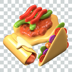 Set of Mexican snacks. Hot dishes made from tortillas and fillings. Recipes with meat and vegetables