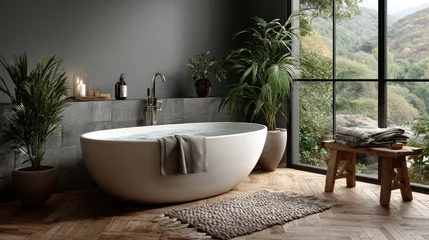 Ingelijste posters Ziekenhuis Sophisticated bathroom interior with freestanding tub and nature view, creating tranquility  © Mas