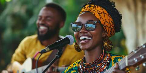 A joyful African musical duo performs outdoors. A woman sings into a microphone while playing a guitar,