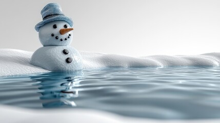 3d render Melting Snowman: Winter Scene, Climate Change Concept, Seasonal Illustration, Blue Water, Snow, Cold Weather isolated background