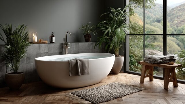 Sophisticated bathroom interior with freestanding tub and nature view, creating tranquility