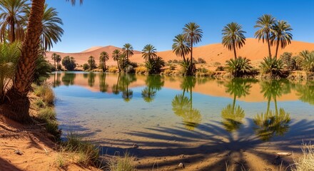 Fototapeta premium Desert Oasis with Date Palms Amid Red Sand Dunes