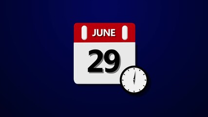 June 29 Daily Calendar icon animation on transparent background.  June month Calendar. calendar simple icon animation date change time month. sophisticated calendar animation. Date counting calendar.