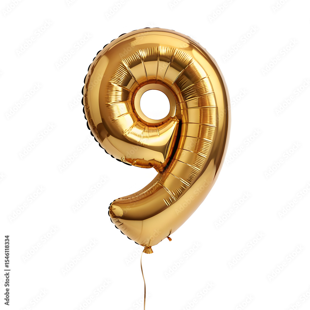 Fototapete a balloon shaped like the number 9 ,gold metallic finish with realistic reflections and smooth textu