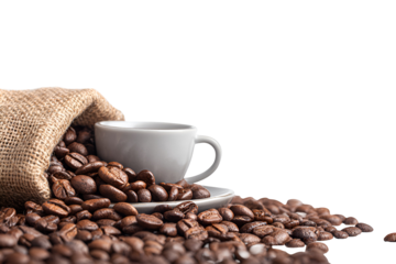 Roasted Coffee Beans, Burlap Sack, Espresso Cup, Aromatic Brew