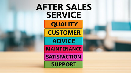 After sales service concept includes quality and customer product maintenance satisfaction and support in office background