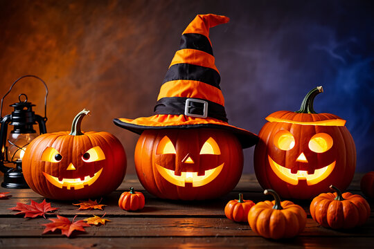 Festive halloween scene with carved pumpkins a witch hat and a vintage oil lamp