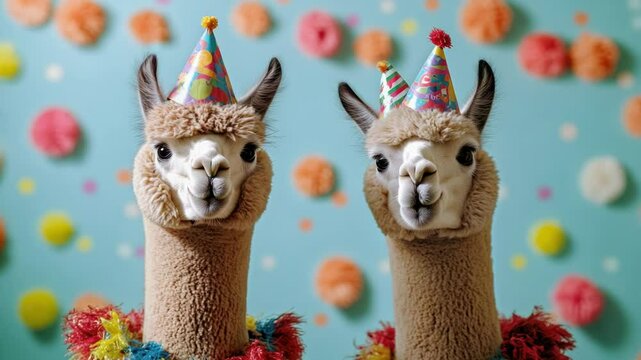 Two llamas wearing colorful party hats on their heads, perfect for a fun and quirky background