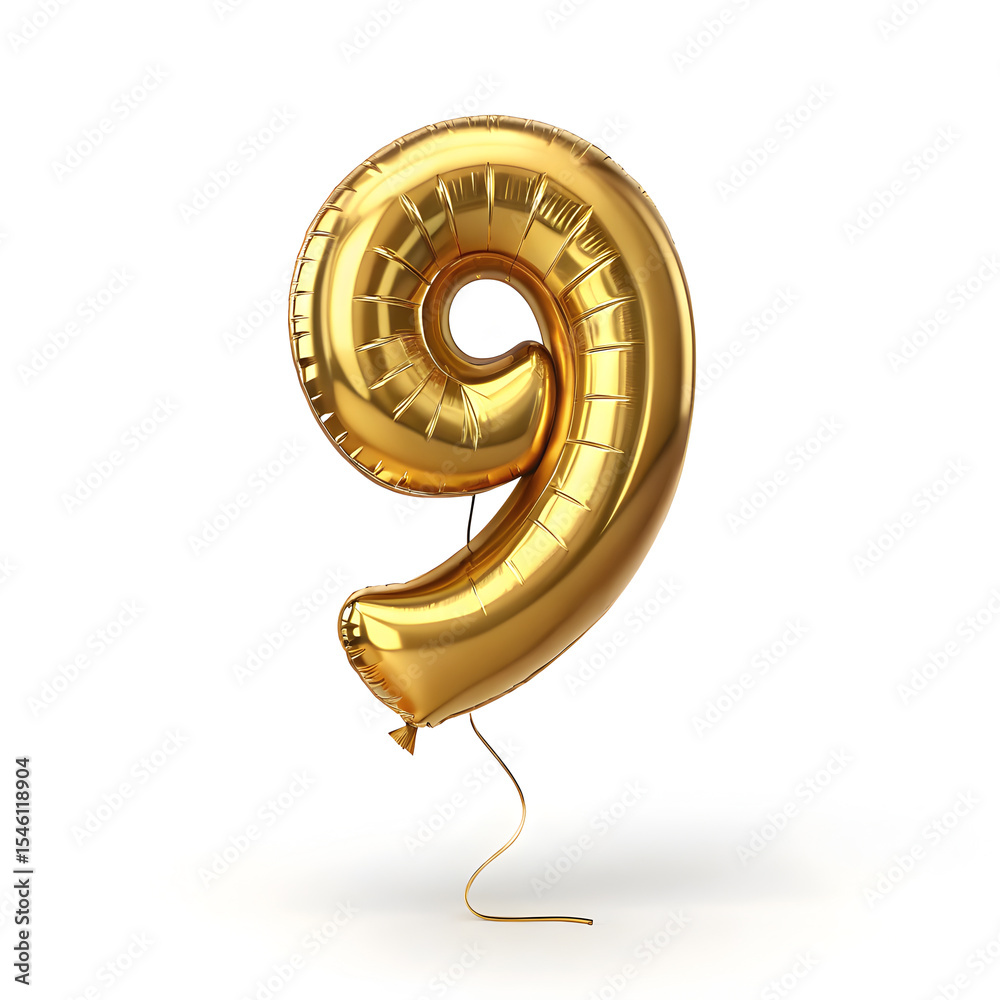 Fototapete a balloon shaped like the number 9 ,gold metallic finish with realistic reflections and smooth textu