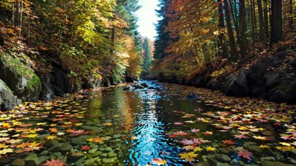 a view of a river with leaves floating on it in the middle of a forest - Powered by Adobe