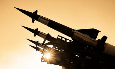 4 four missiles on the installation are aimed upwards. weapons of mass destruction, missile defense. Nuclear warhead, chemical bomb.