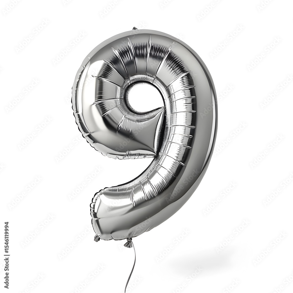 Fototapete a balloon shaped like the number 9 ,silver metallic finish with realistic reflections and smooth tex