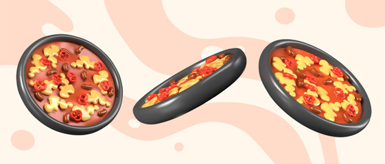 Mexican casserole in round pan. Bright dish for hearty lunch, dinner. Festive decorative element