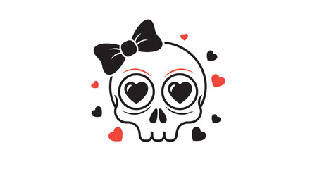 Skull with bow and love hearts illustration for print on demand t-shirts