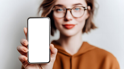 Woman showing phone screen to camera, blank UI