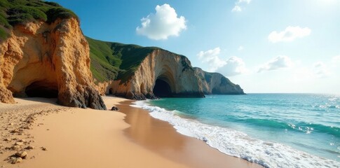 Rugged cliffs meet sandy beach; dramatic coastal scene, rough, holiday, picture