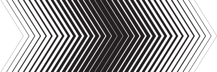 Black and white geometric pattern with repeating chevron arrow shapes. Optical illusion background with diagonal lines creating a 3D depth effect. Abstract modern vector illustration.