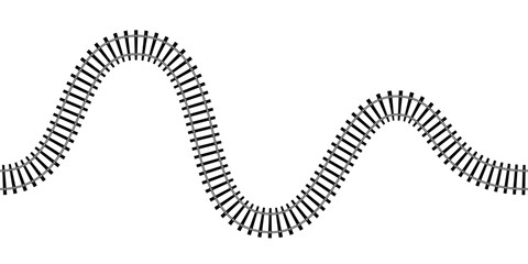 Top view of curved railway isolated on white background. Wavy railroad track with rails and ties. Transportation infographic. Seamless vector illustration.