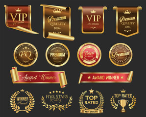 Golden luxury award labels and badges gold premium quality certificate ribbons vector illustration