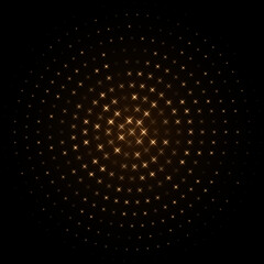 Abstract golden halftone star dotted round pattern. Black geometric shape with gradient effect on black background. Minimalistic, futuristic, graphic vector illustration.