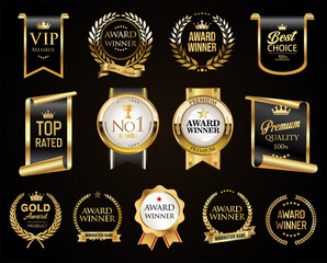 Golden luxury award labels and badges gold premium quality certificate ribbons vector illustration
