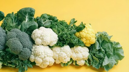 Fresh vegetables on a bright yellow background, ideal for food or kitchen related uses