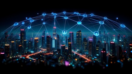 Fototapeta premium Global Network Connectivity Smart City Technology and Digital Transformation