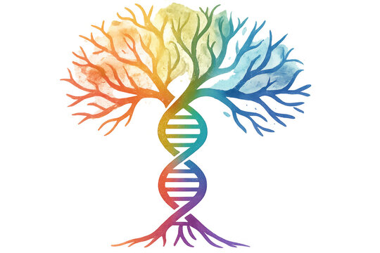 Rainbow-colored tree of life symbolizing interconnectedness of life and genetics with dna double helix trunk on a transparent background