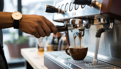 A barista expertly pulls a shot of espresso from a professional machine, a perfect morning ritual.