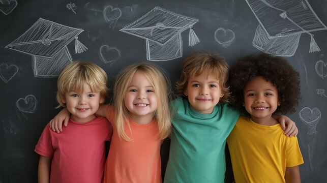A group of smiling children embraces with their arms around each other, radiating joy. The image captures the essence of youth and the beauty of diversity in an education setting.Back to school