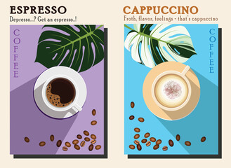 A vibrant flat-design poster set showcasing espresso and cappuccino with playful coffee quotes and tropical leaf accents. The perfect wall art for coffee shops, kitchens, or coffee connoisseurs