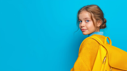 A Young student's optimistic gaze over shoulder, sporting a radiant smile and school bag, suggesting a welcoming atmosphere.