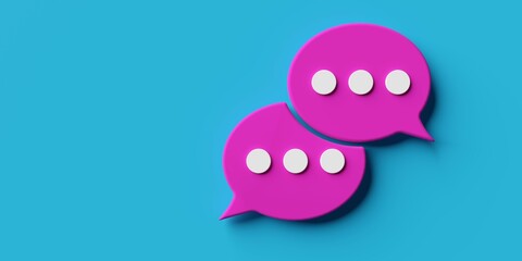 Two pink overlapping chat or messaging speech bubbles on cyan background flat lay top view with copy space, communication concept