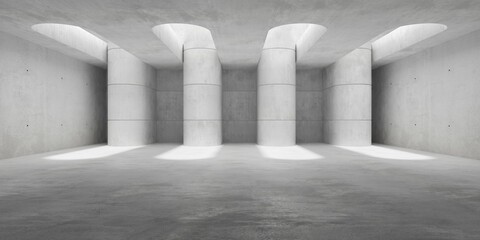 Abstract empty, modern concrete room with round block pillars and rough floor - industrial interior background template