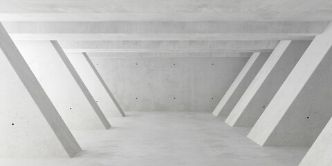 Abstract empty, modern concrete room with series of diagonal pillars left and right and sunlight and rough floor - industrial interior background template