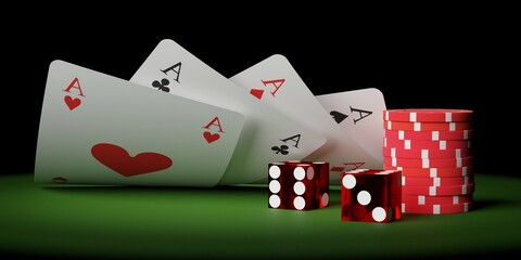 Four aces playing cards overlapping bend flat on green felt table with black background with stacks of red and black casino chips or jetons and red dice