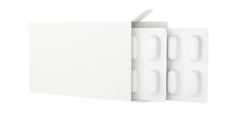White box with two white, opaque pill blisters standing on white background