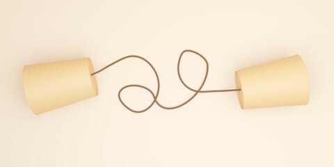 Two brown paper cups with string in between flat lay top view on bright background, business communication concept