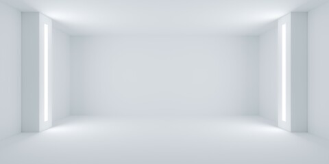 Empty blank white room background with wall pillars with light inlay on the left and right, modern interior template