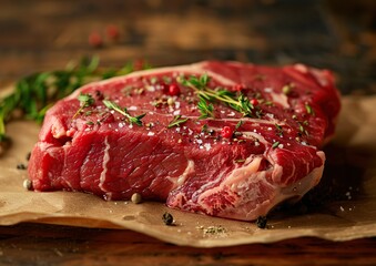 Fototapeta premium Raw rib eye beef steak with pepper and herbs on a wooden background in a butcher shop