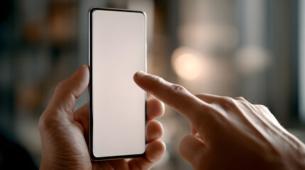 Hand touching empty screen on mobile phone, close-up view